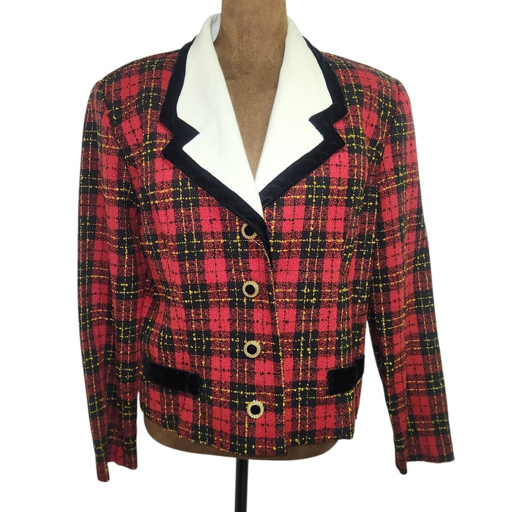 PETITE PERCEPTIONS Vintage Plaid Power Blazer Red Black Size M 80s 90s Cropped